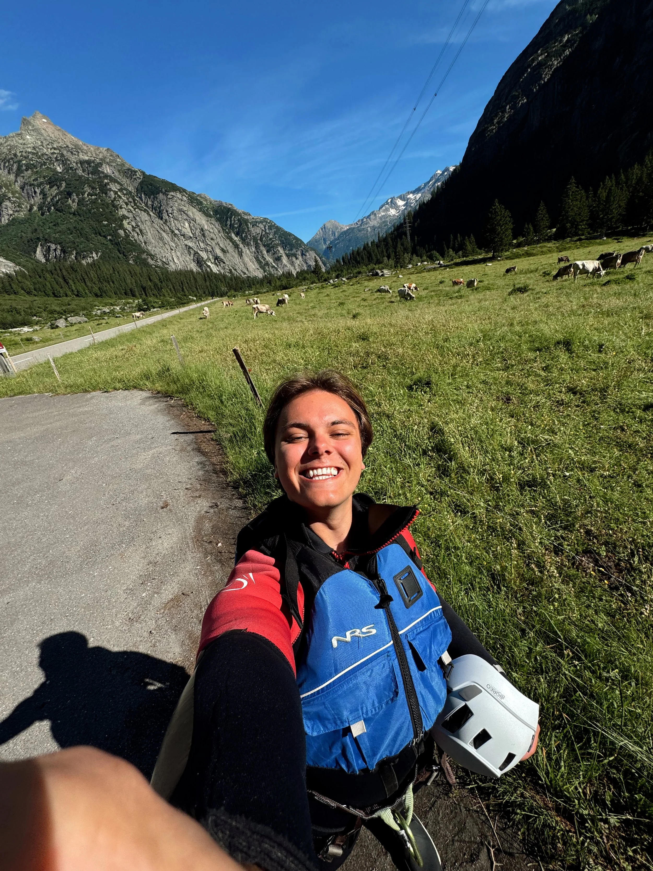 A smiling man in motorcycle gear taking a selfie on a scenic mountain road, with green fields, grazing cows, and towering mountains under a clear blue sky in the background.
