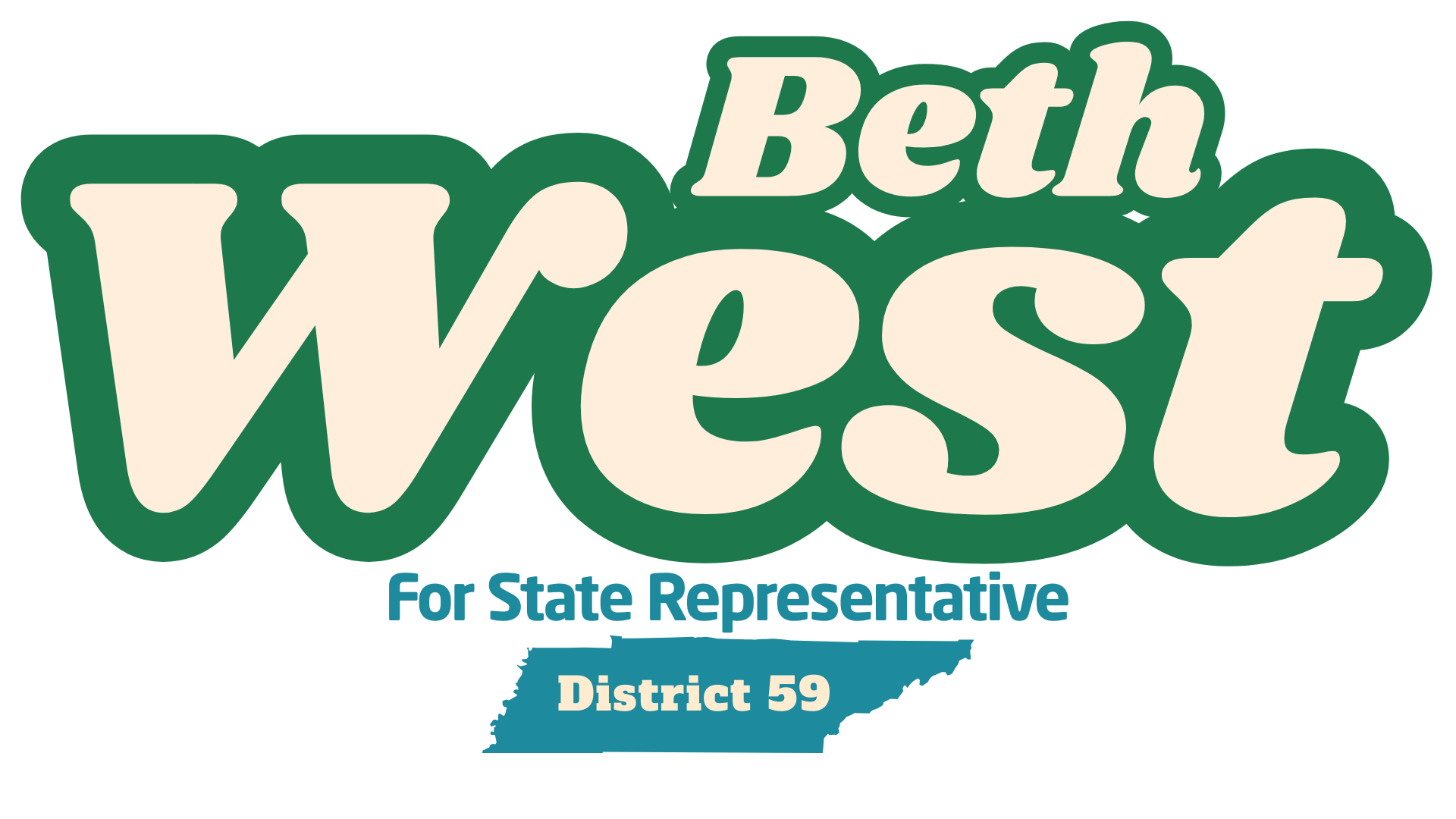 Campaign sign for Beth West, a candidate for State Representative in District 59, featuring a stylized outline of the state of Arkansas with text overlay.