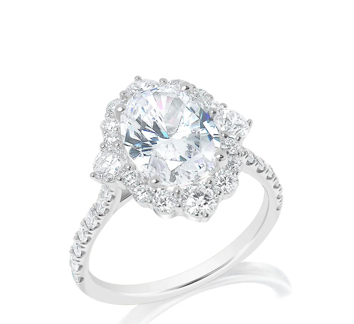 Oval Cut Diamond Engagement ring with Halo Setting and diamond accented band in 14K white gold