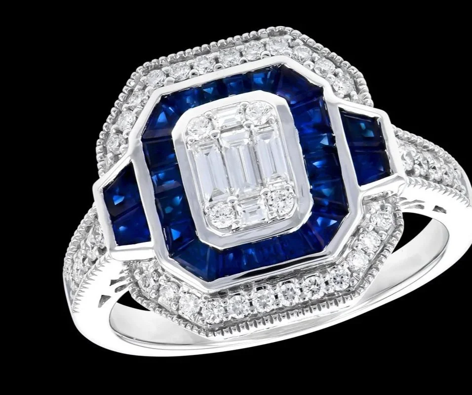 14K white gold blue sapphires and diamonds arranged in a geometric pattern.