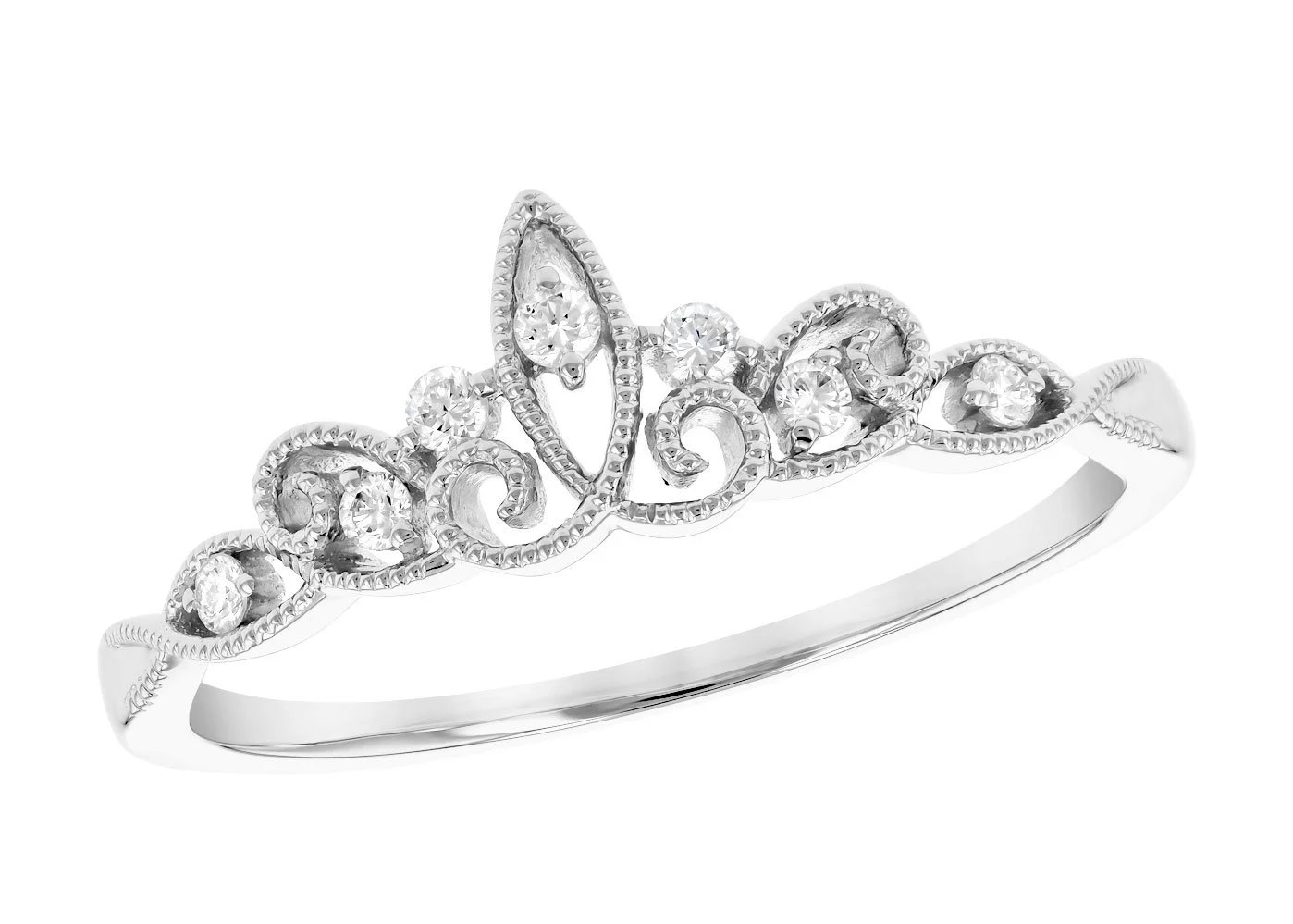 Silver ring with a tiara design and embedded small diamonds.