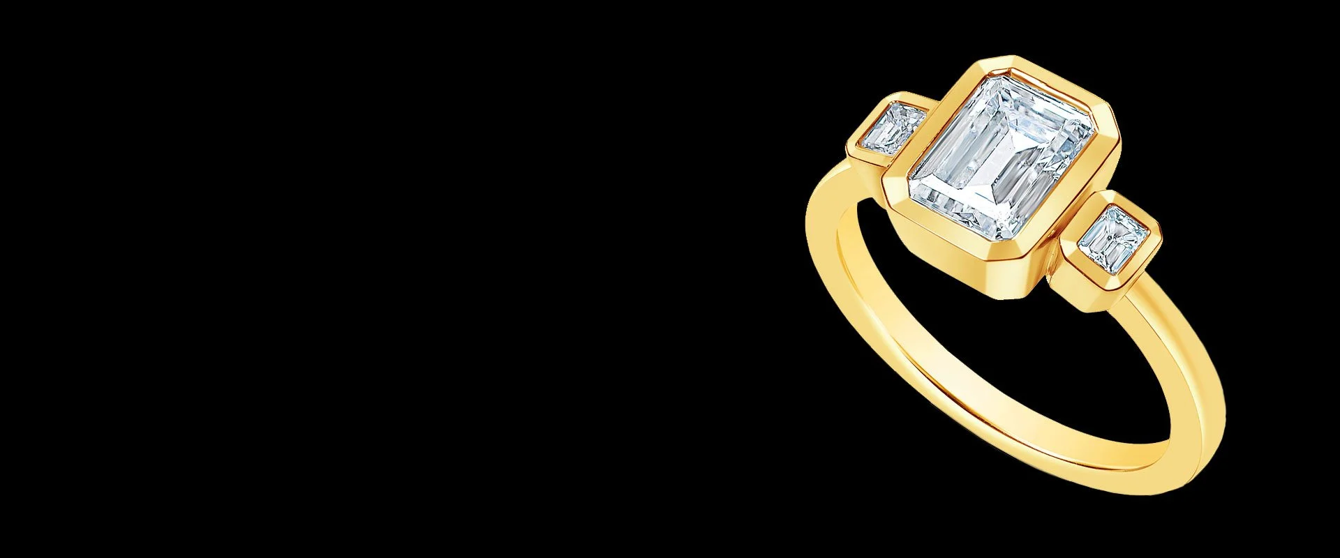 14K Yellow Gold Diamond Engagement Ring, modern bezel set look with 3 diamonds