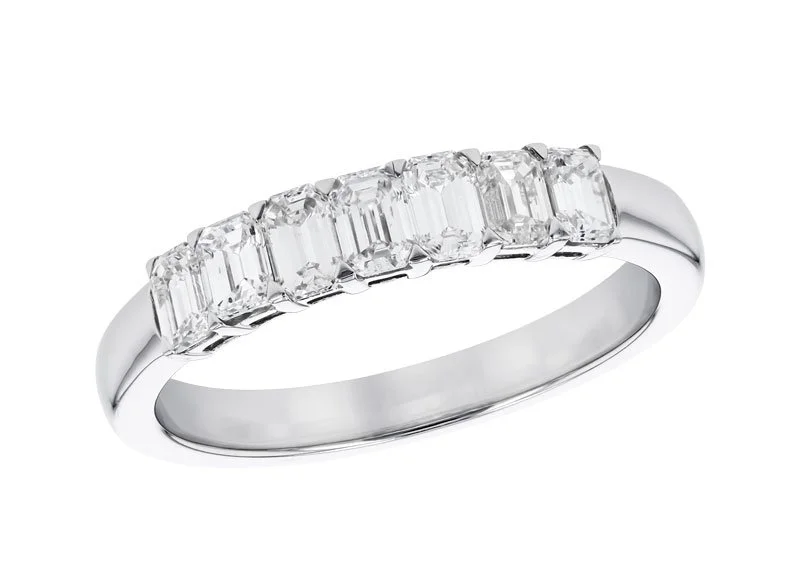 Silver ring with five square-cut diamonds set in a row.