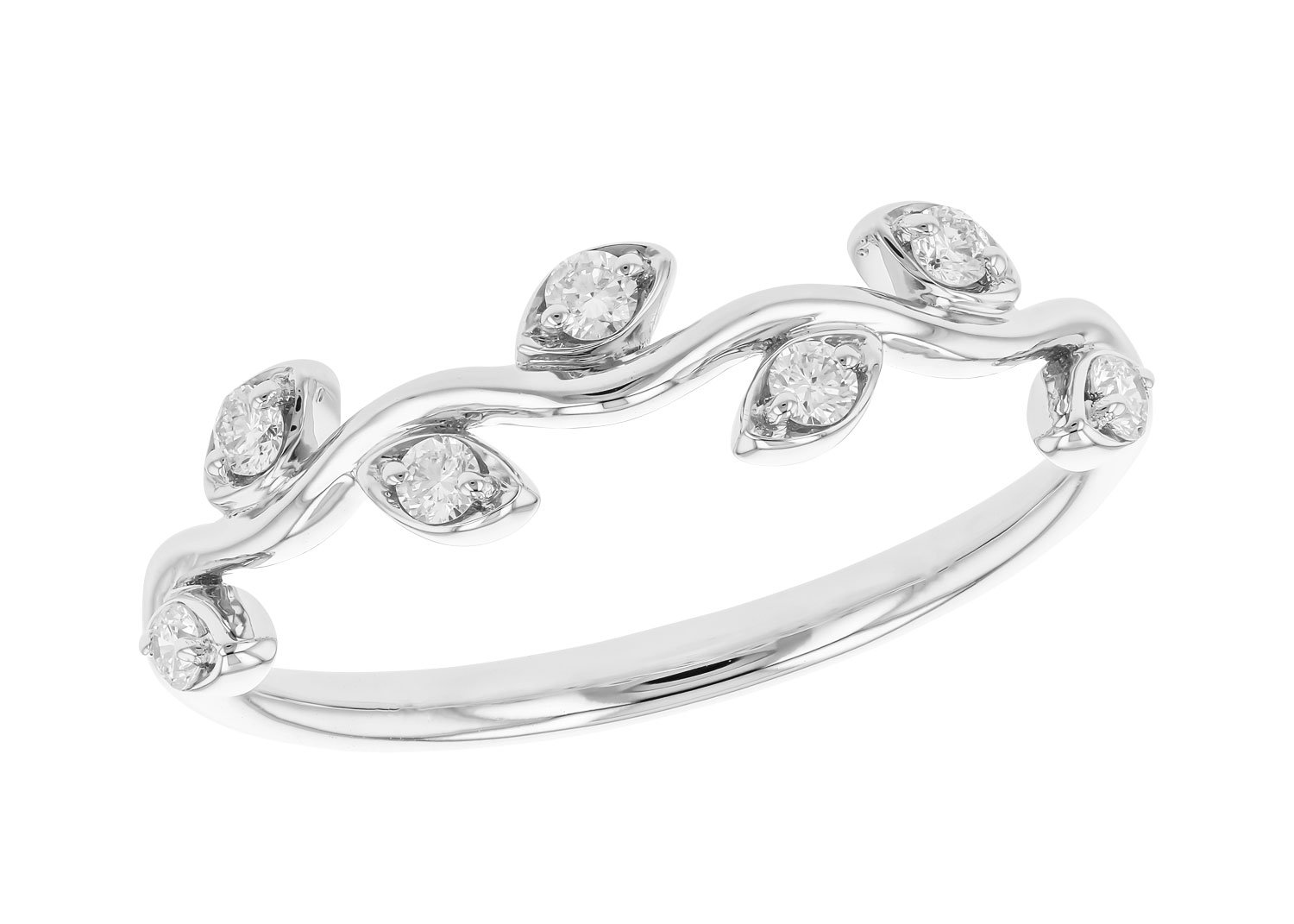 14K white gold ring with a wavy band and embedded small diamonds.