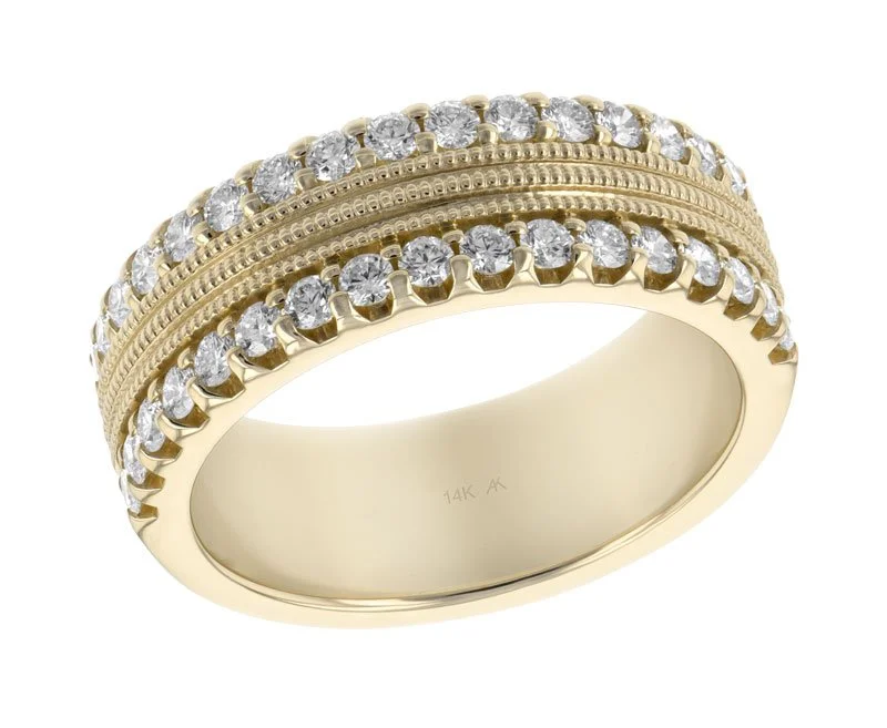 Gold wedding ring or fashion ring with two rows of diamonds set in a decorative pattern.