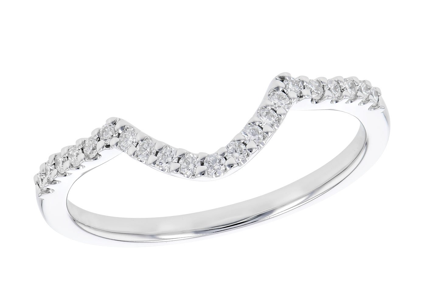White Gold wedding band with a wavy design decorated with small diamonds.