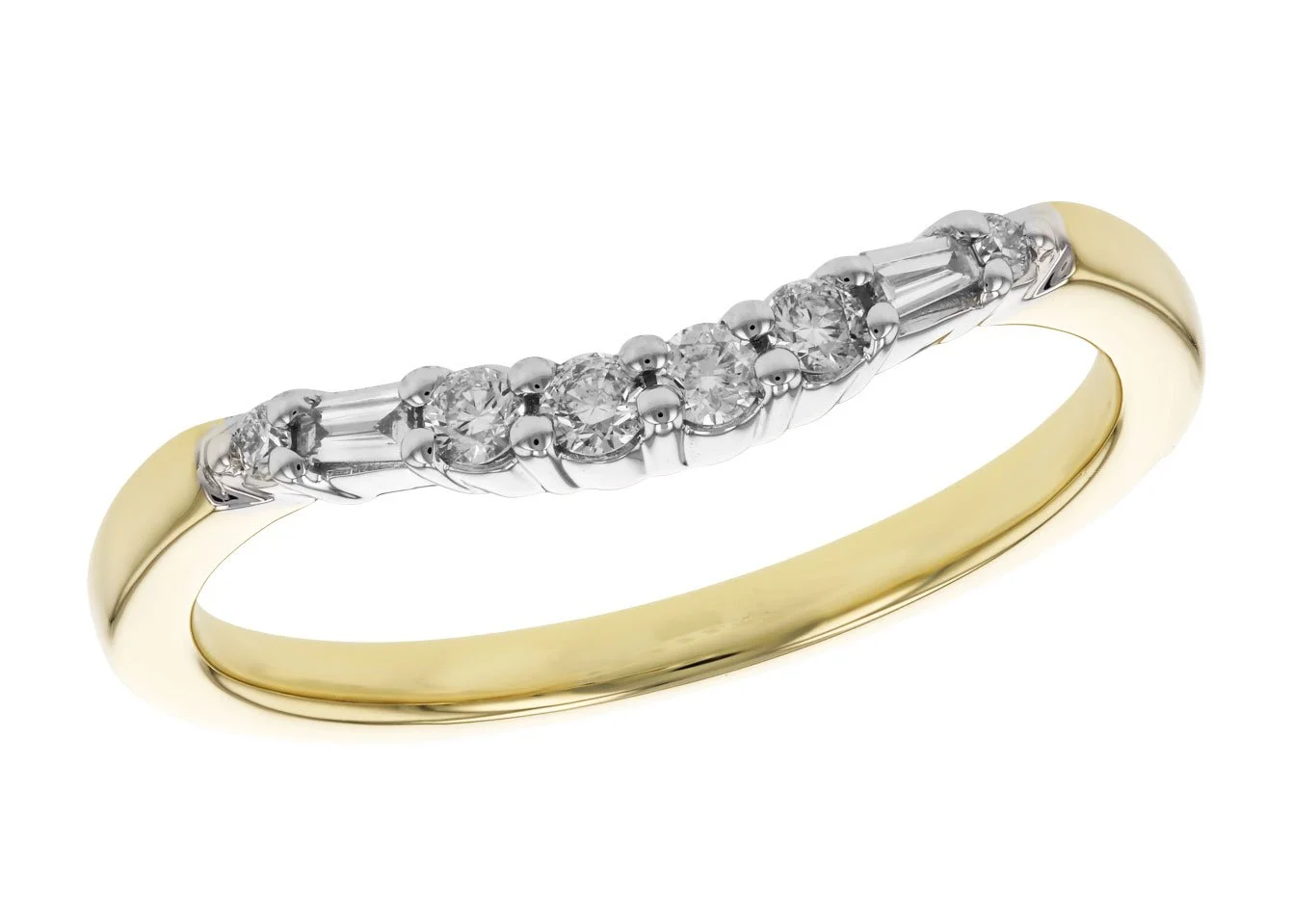 14K yellow gold wedding ring with a row of assorted diamonds set in a band