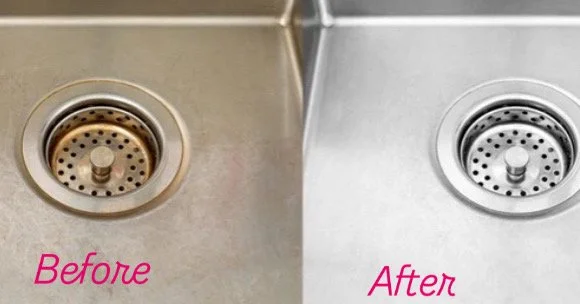 Comparison photo showing a sink drain before and after cleaning, with the left labeled 'Before' and the right labeled 'After'.