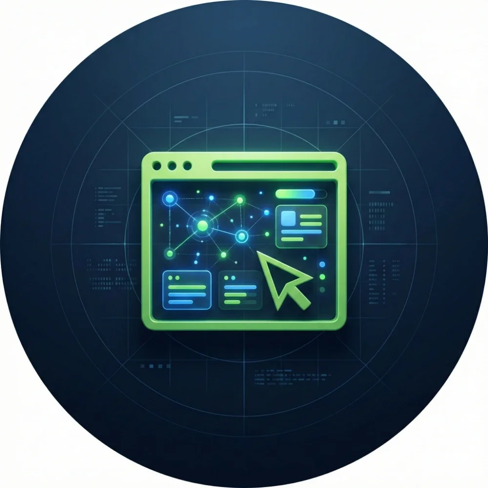 Grünes Icon auf dunkelblauem Hintergrund das eine SEO-optimierte Website symbolisiert die von SEO-Experte Maximilian Braig erstellt wurde