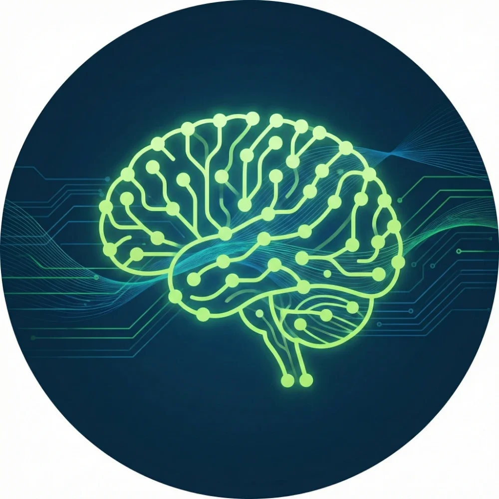 Im Rahmen einer GEO-Beratung unterstützt SEO-Experte Maximilian Braig Unternehmen dabei, in KI-Systemen wie ChatGPT gefunden zu werden. Die Grafik zeigt ein leuchtend grünes, stilisiertes menschliches Gehirn aus vernetzten Datenpunkten als KI-Symbol