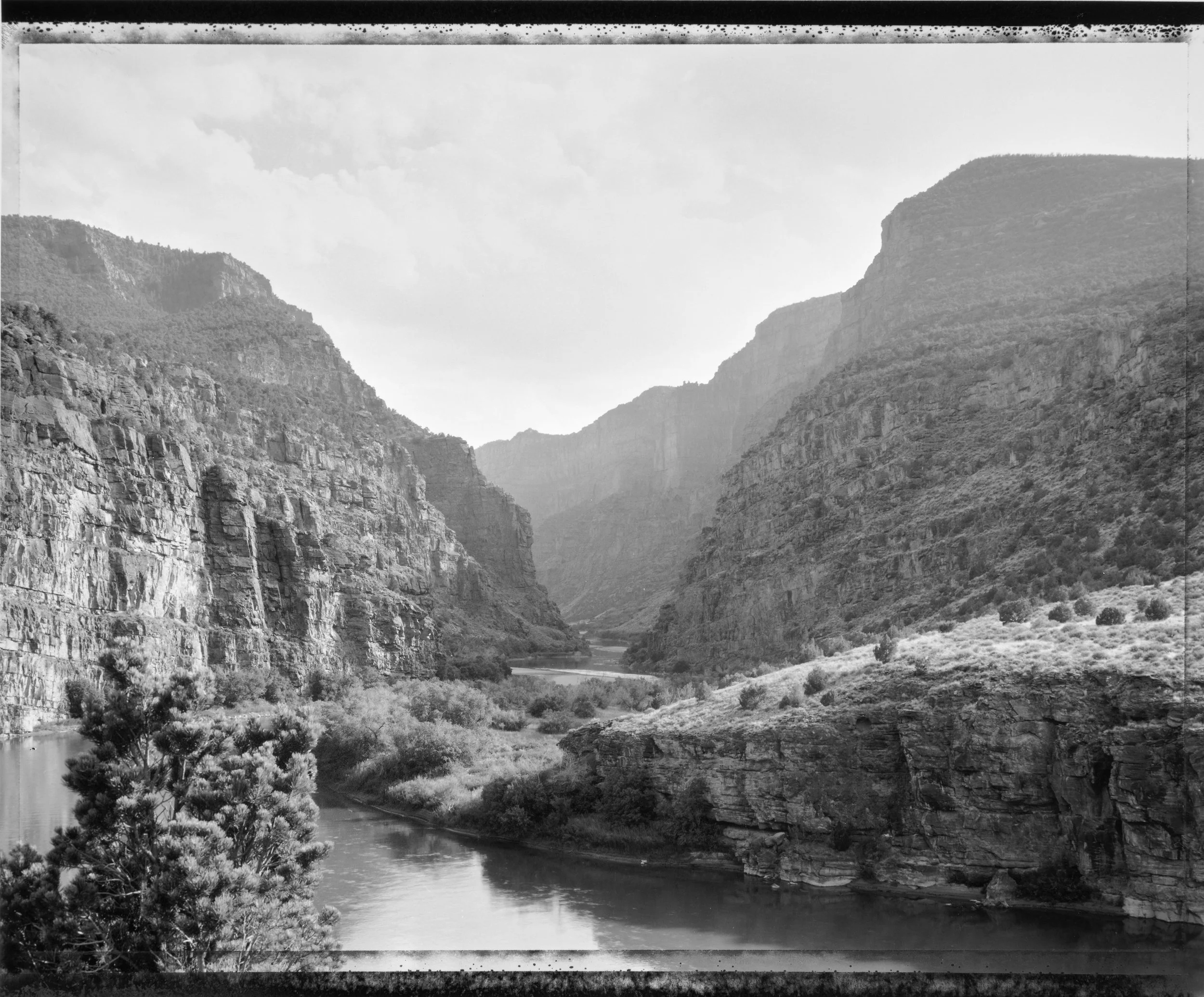 Mark Klett, Byron Wolfe, Mike Marshall, andToshi Ueshina for the Third View Project, 2000. Gates of Lodore, CO (from below), morning.