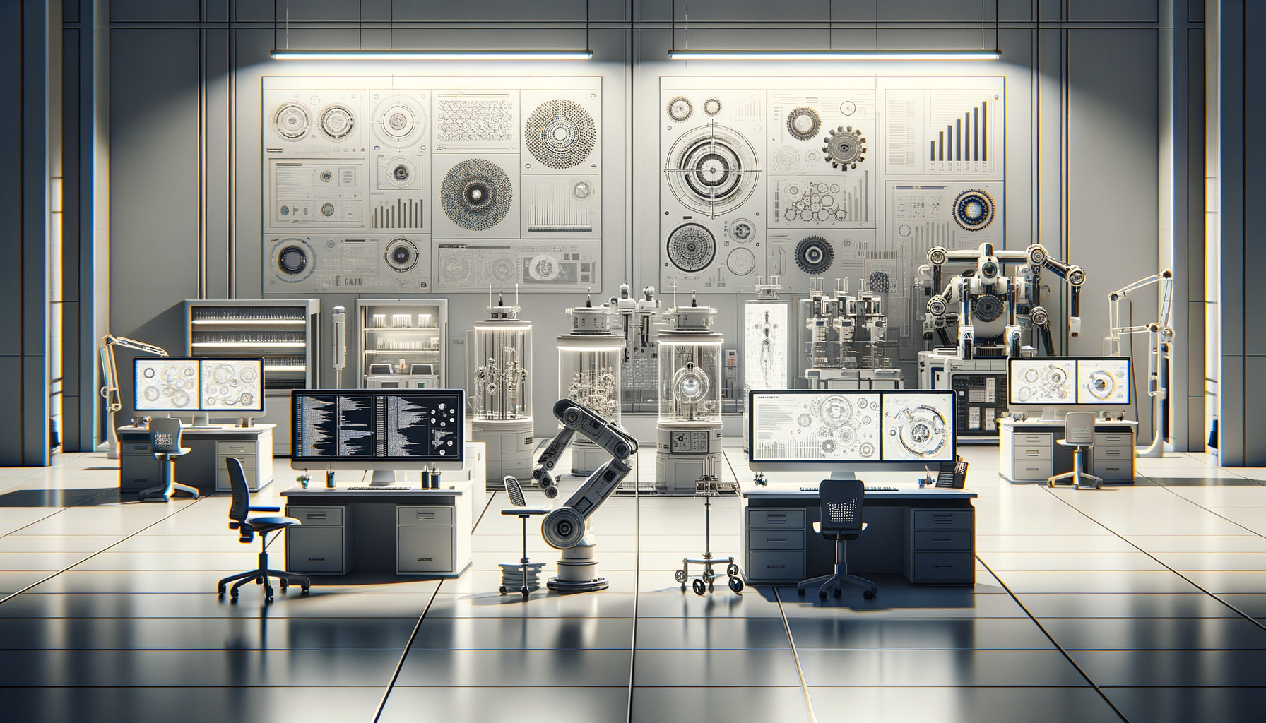 Advanced robotics laboratory with robotic arms, computer monitors, and scientific equipment in a high-tech setting.