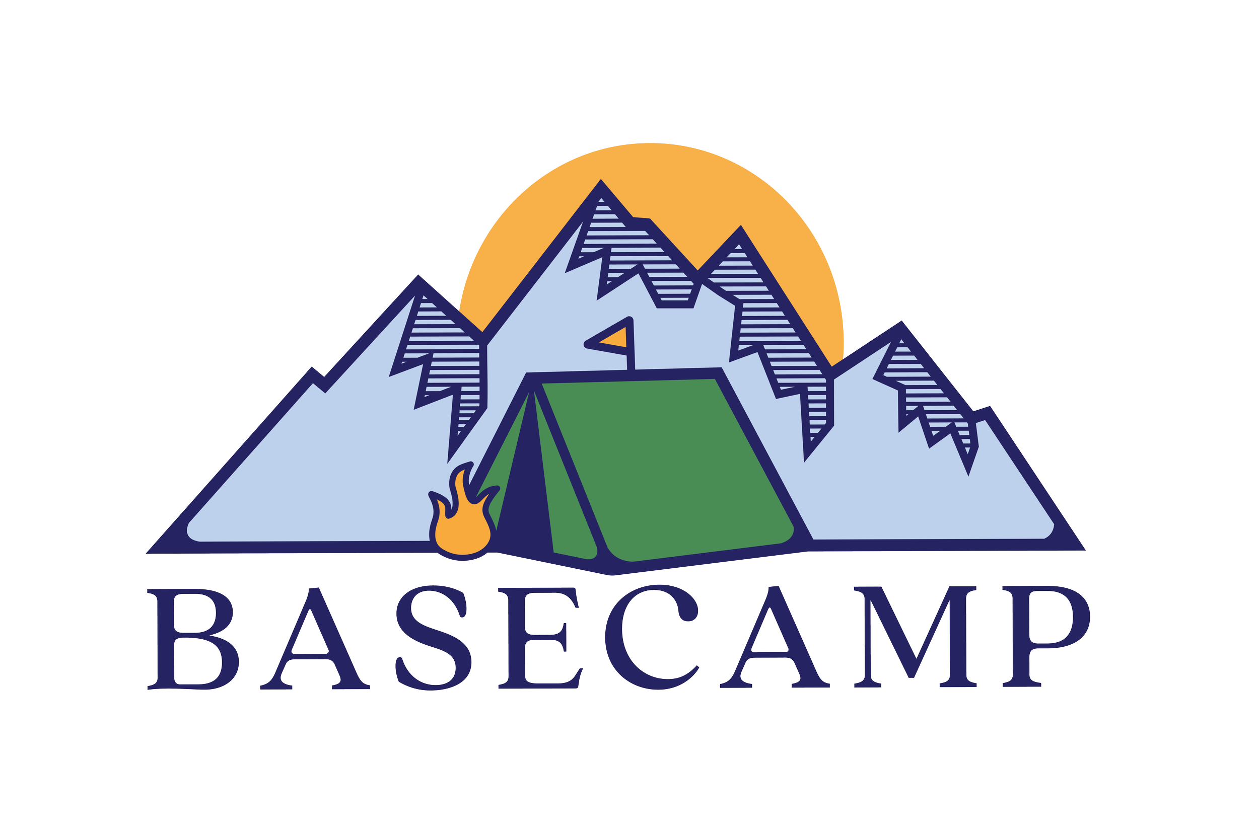 Logo of a camping site with snow-capped mountains, a green tent, a campfire, and a setting sun, with the word 'BASECAMP' underneath.