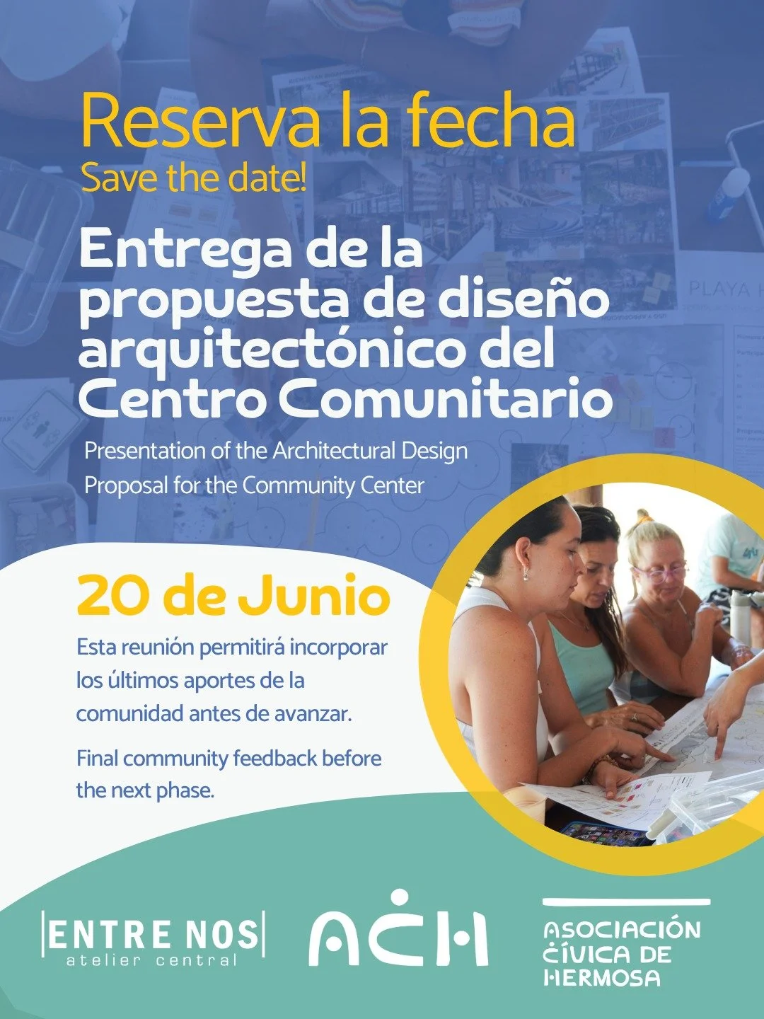 SAVE THE DATE 📍

Entrega de la propuesta de dise&ntilde;o arquitect&oacute;nico del Centro Comunitario Hermosa &ndash; San Mart&iacute;n

Luego de las consultas comunitarias y el proceso participativo de dise&ntilde;o, les invitamos a conocer la pro