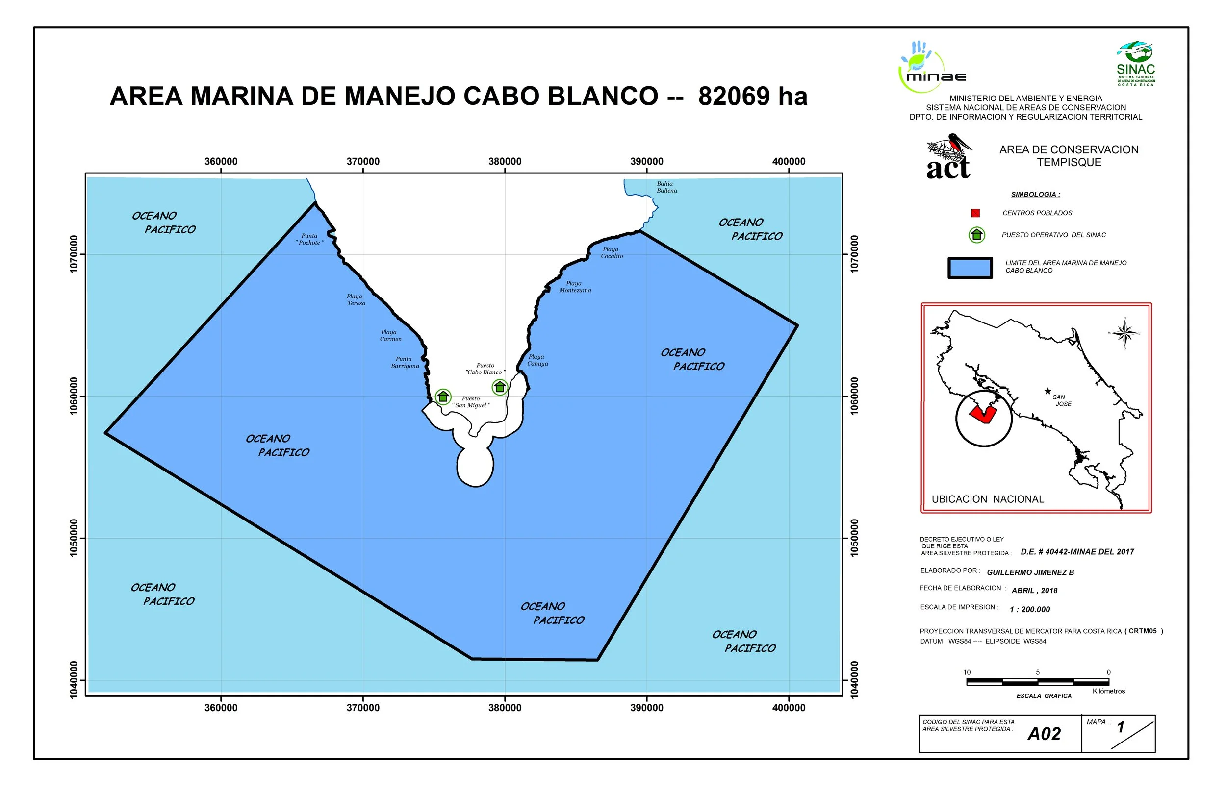 Map of a protected marine management area called Cabo Blanco, covering 82,069 hectares, with surrounding ocean, specific beaches, and geographic coordinates. Includes legend symbols and a small map of Costa Rica showing the location.