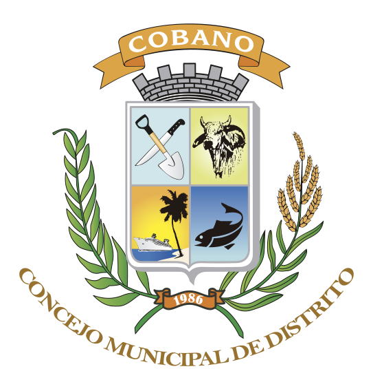 The coat of arms of Cobano, featuring a shield with tools and symbols representing the town's agriculture, industry, and maritime activities, topped with a banner reading 'COBANO' and a ribbon showing the year 1986, surrounded by green laurel leaves and wheat stalks.
