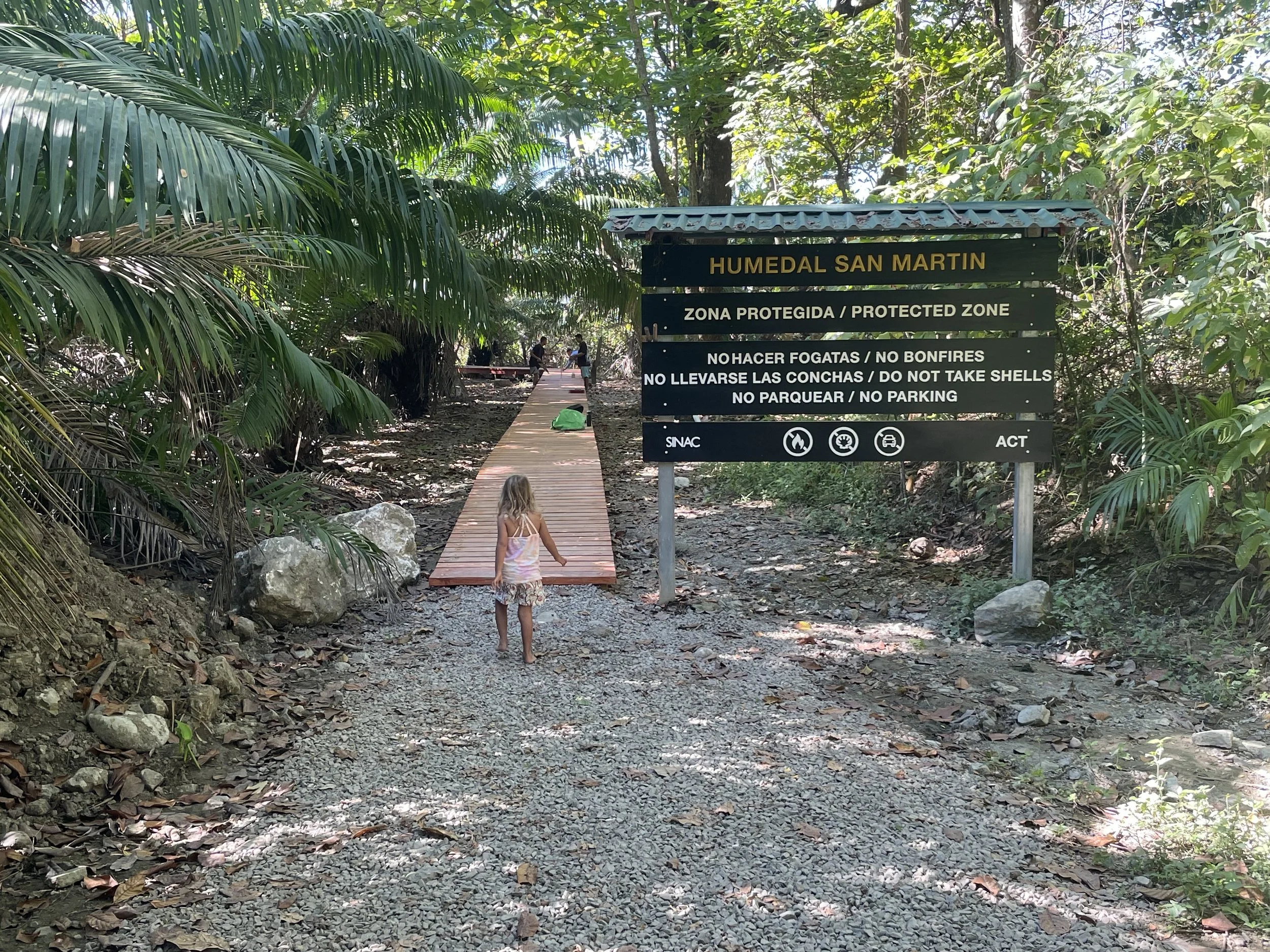 A wooden pathway in a dense green jungle with large palm leaves and tall trees. There are children walking on the path and a signboard that reads 'Humedal San Martin' and provides rules for the protected zone, including no fires, no shells, no parking.