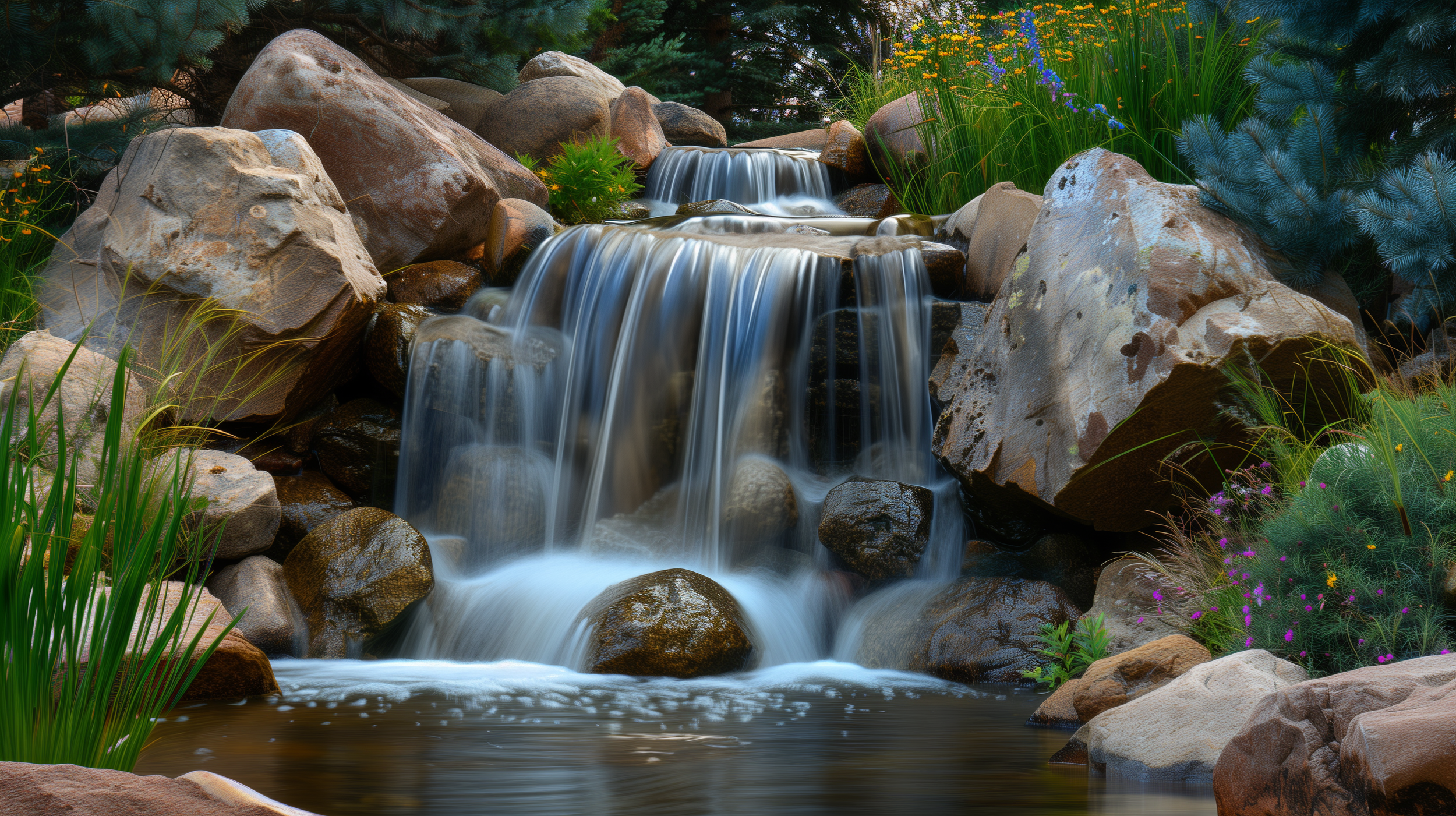 Amber Creek small waterfall flowing over rocks into a pond, surrounded by green plants and colorful wildflowers.