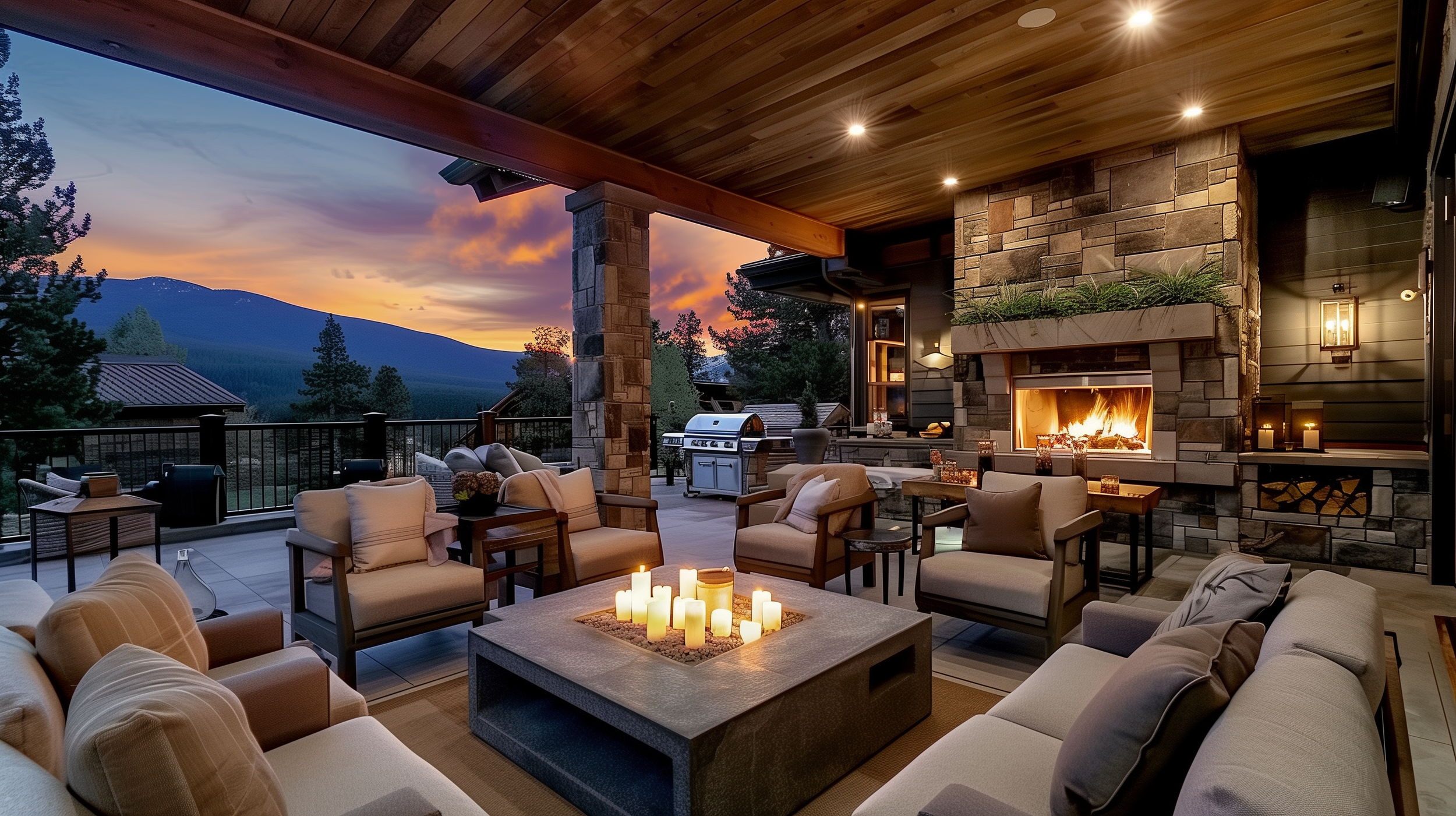 Amber Creek outdoor patio and deck with comfortable seating area and fire place. 