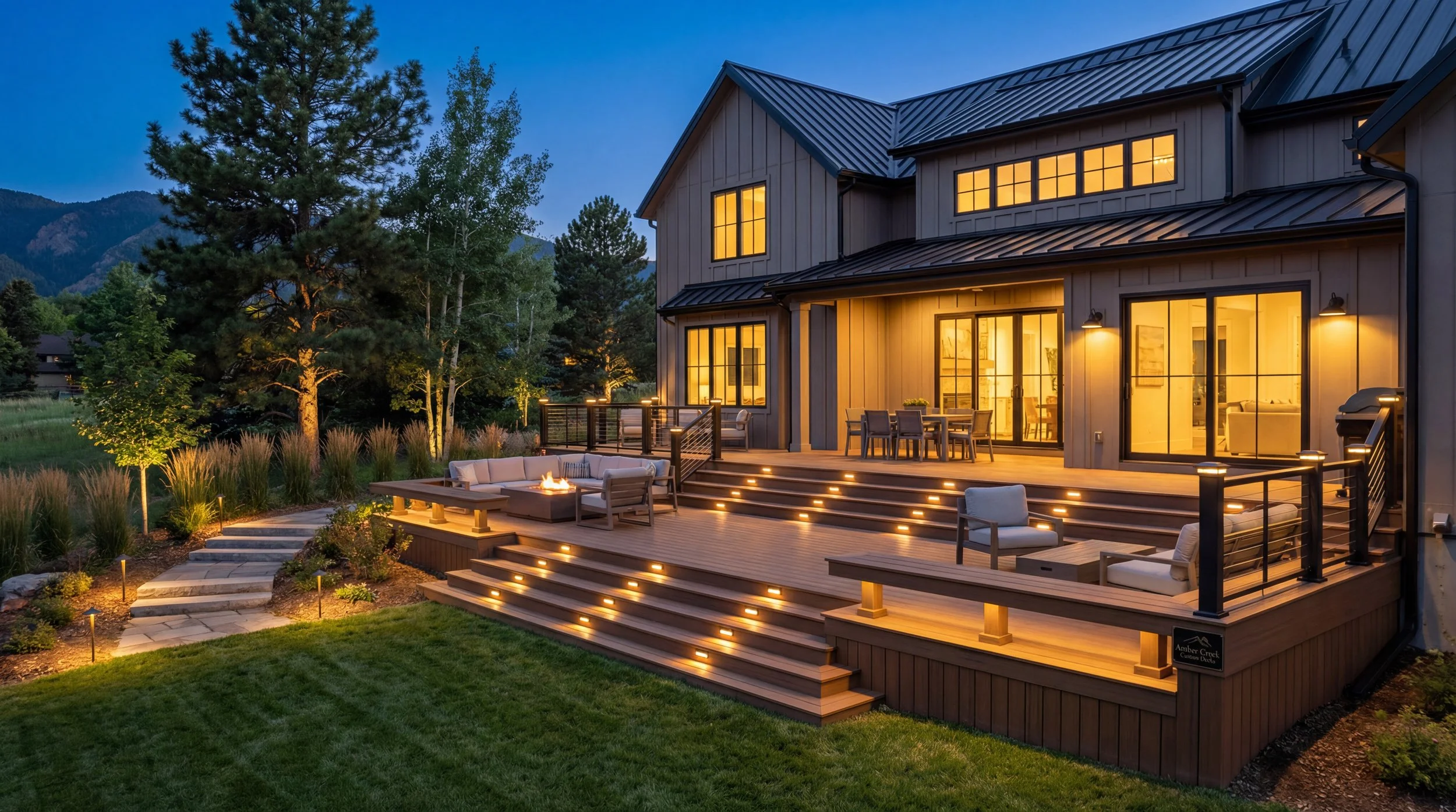 A modern two-story house with large glass doors and windows illuminated from inside, featuring a spacious wooden deck with outdoor furniture, a firepit, stairs with embedded lighting, surrounded by landscaped yard and trees at dusk.