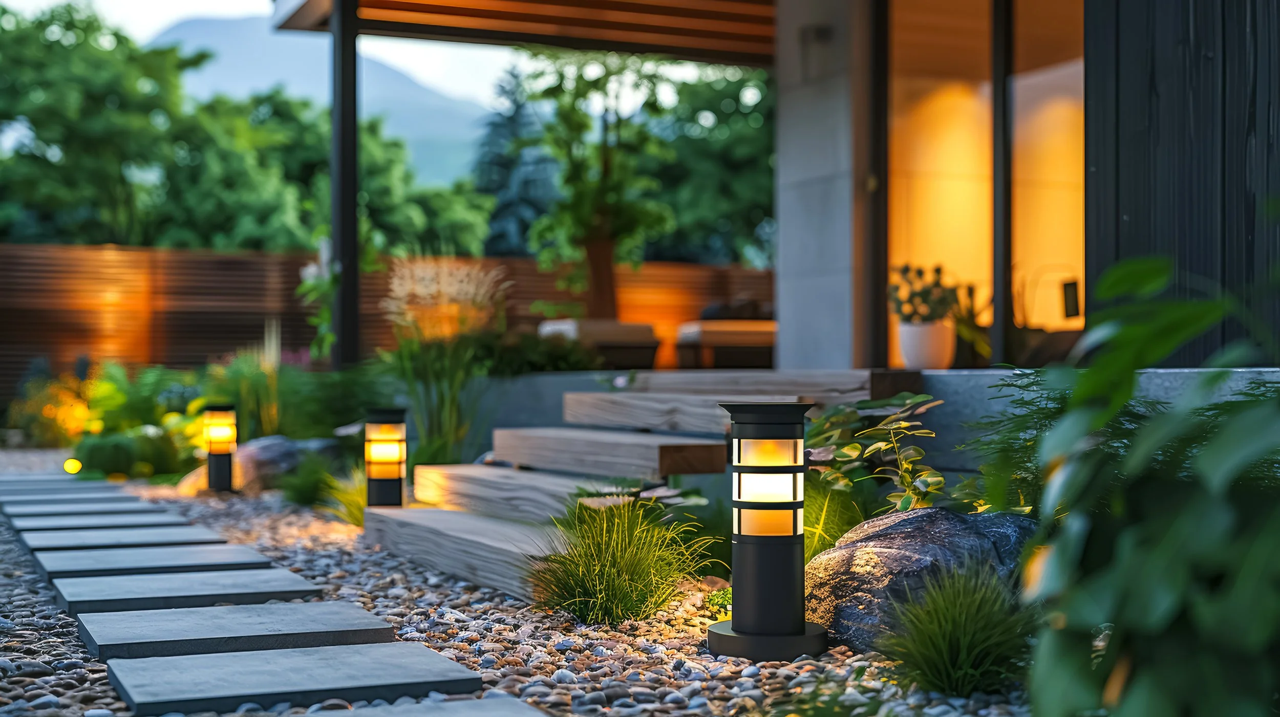 Amber Creek outdoor patio with illuminated pathway lights, stone stepping stones, plants, and a cozy seating area with warm lighting inside a house visible through glass doors, Lafayette CO. 