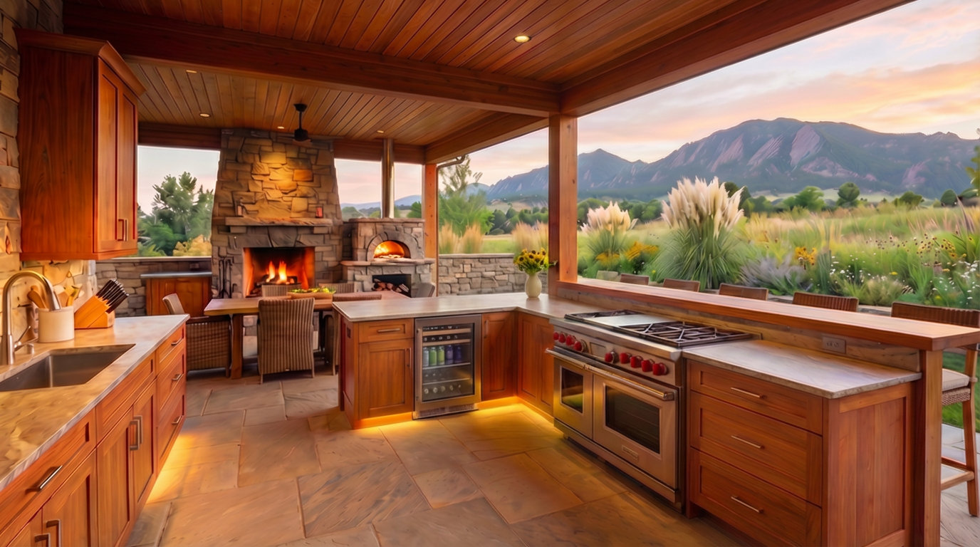 Amber Creek Outdoor kitchen with wooden cabinets, a gas stove, and a fireplace with a fire, overlooking a scenic Boulder Co flatirons.