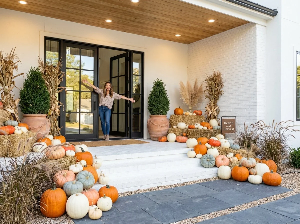 Hearth & Harvest porch pumpkins and seasonal decoration. Hearth & Harvest designs and delivers curated porch pumpkin displays and fall arrangements for homes and businesses across Boulder County. Heirloom pumpkins, gourds.