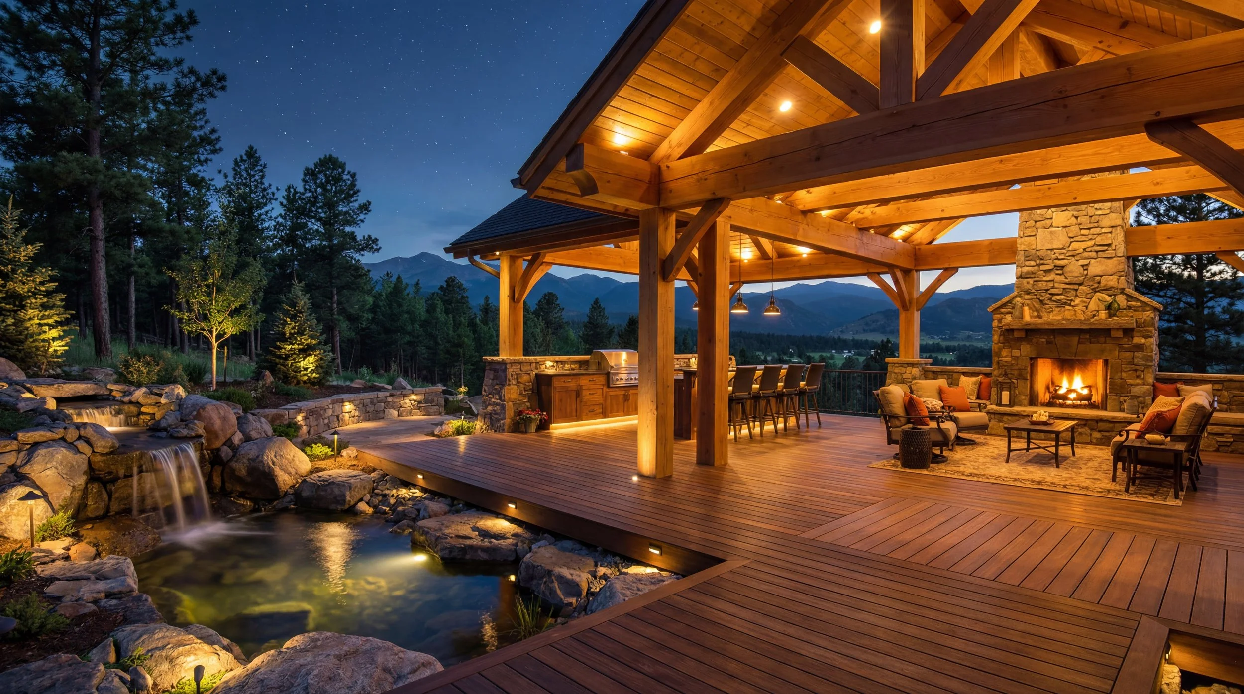 Amber Creek back patio and water garden with ambient landscape lighting, Boulder CO. 