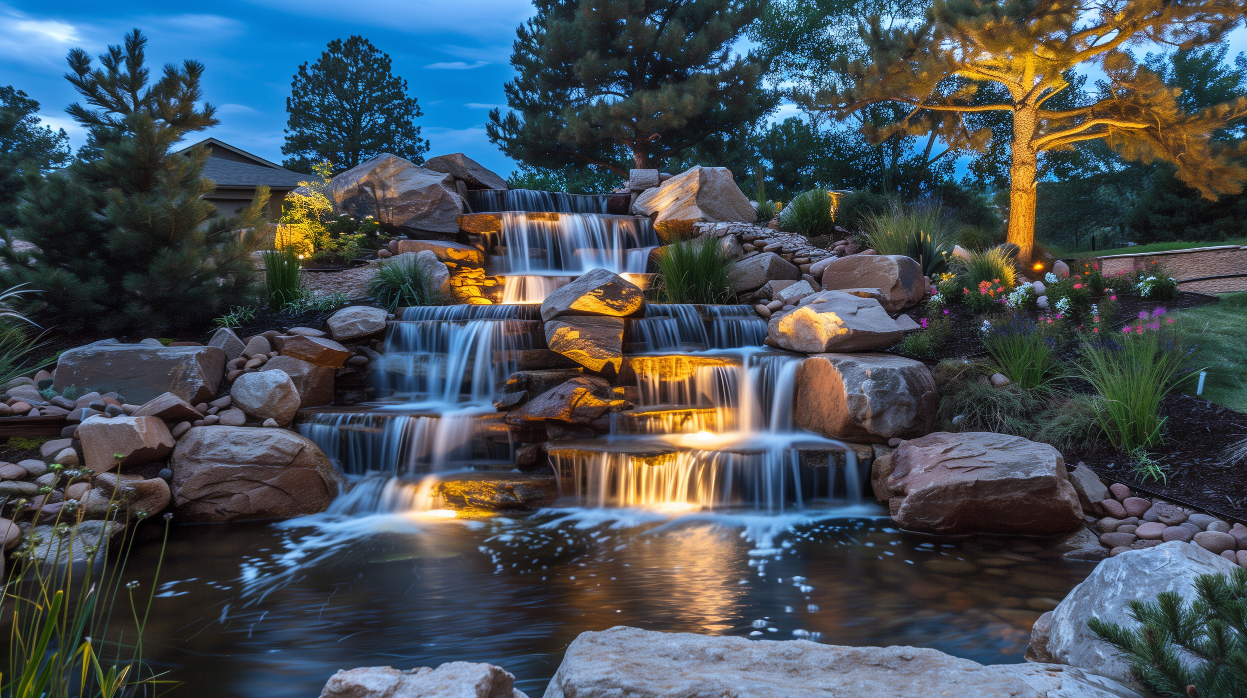 Amber Creek multi-tiered waterfall with rocks and plants at dusk, illuminated by warm lighting, surrounded by trees and flowers. Eldorado Canyon Colorado.