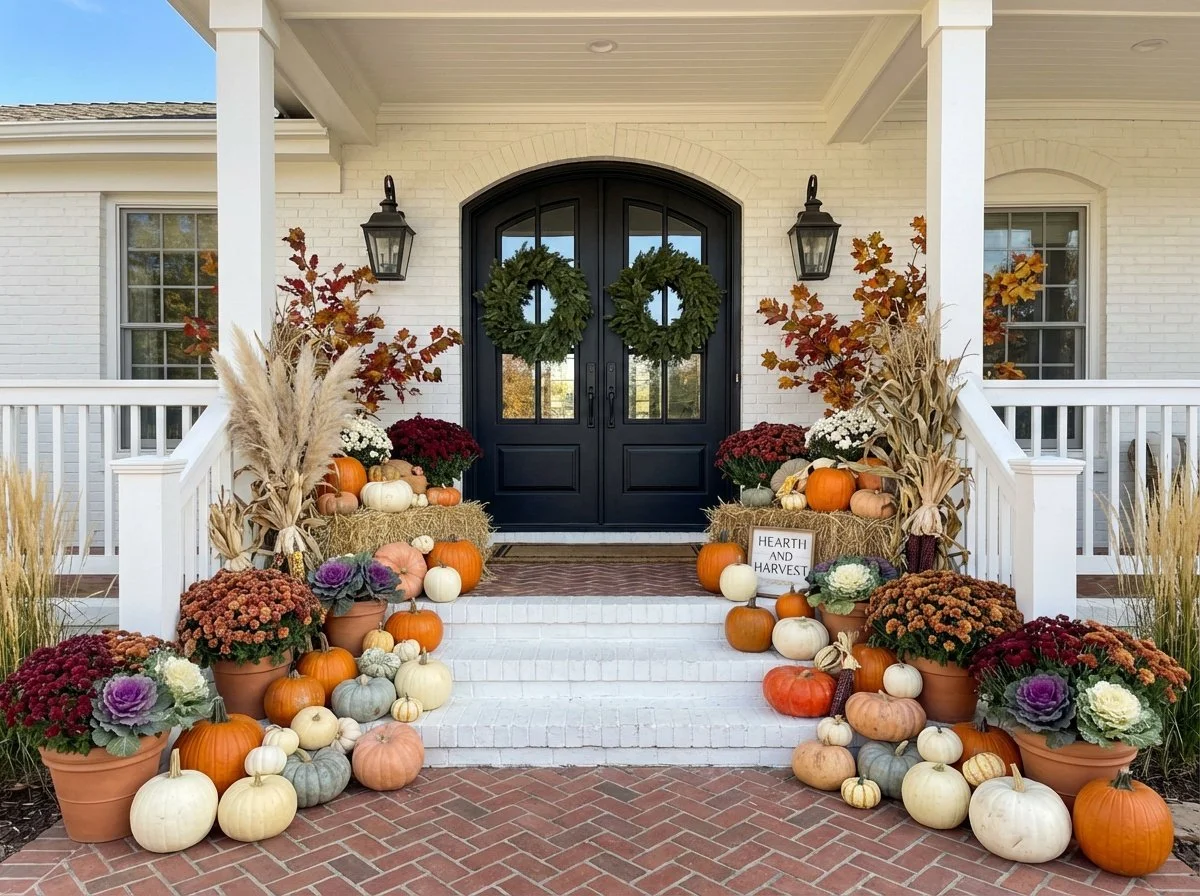 Hearth and Harvest seasonal fall decorations, porch pumpkins, Boulder Colorado.