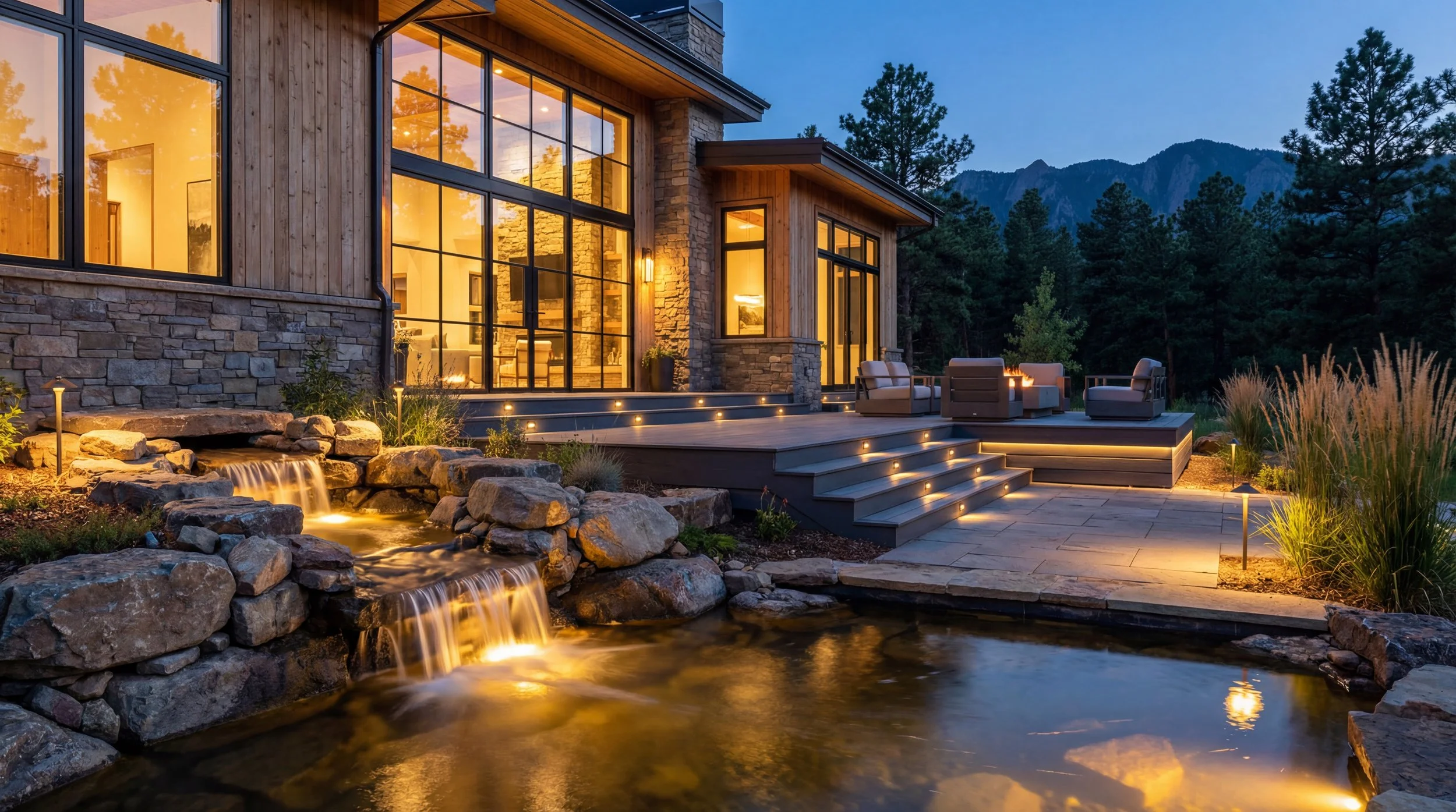 	
Amber Creek water feature and custom front entry deck, Boulder Colorado.