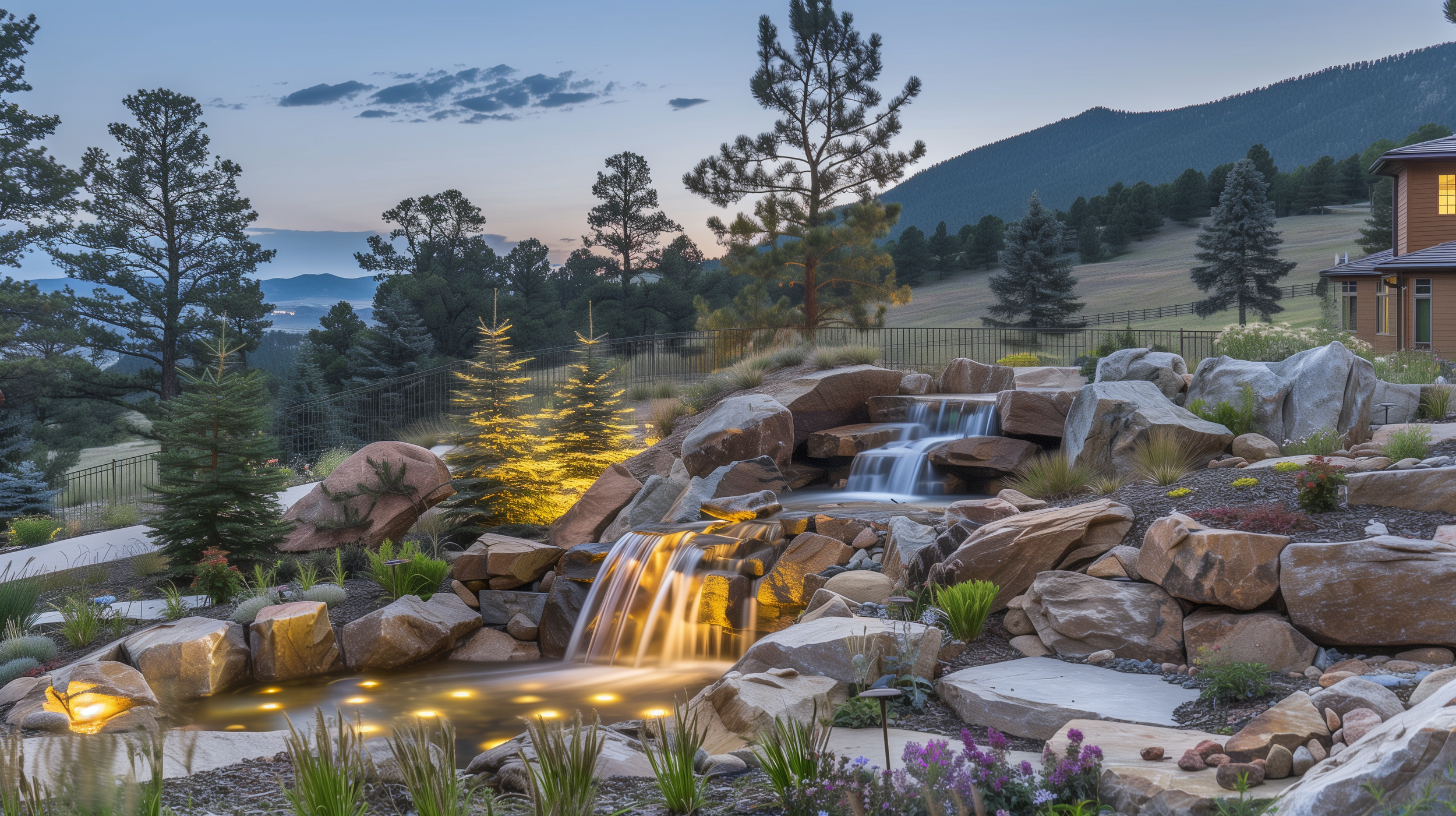 Amber Creek landscaped garden with a cascading waterfall flowing into a pond, surrounded by colorful flowers, rocks, Boulder CO.