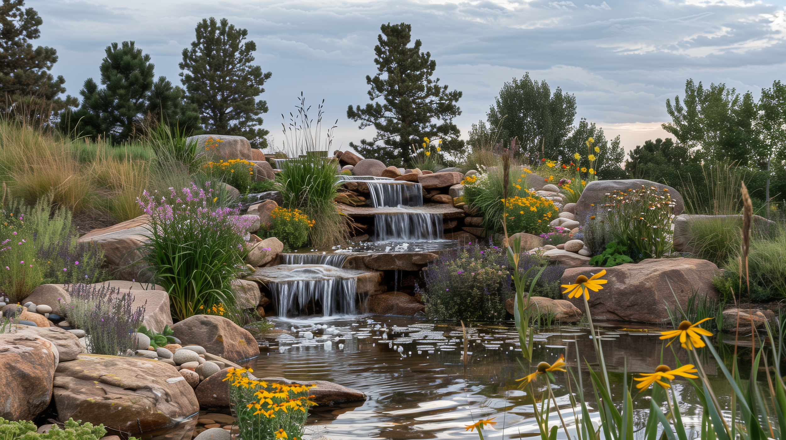 Amber Creek landscaped garden with a cascading waterfall flowing into a pond, surrounded by colorful flowers, rocks, Boulder CO. 