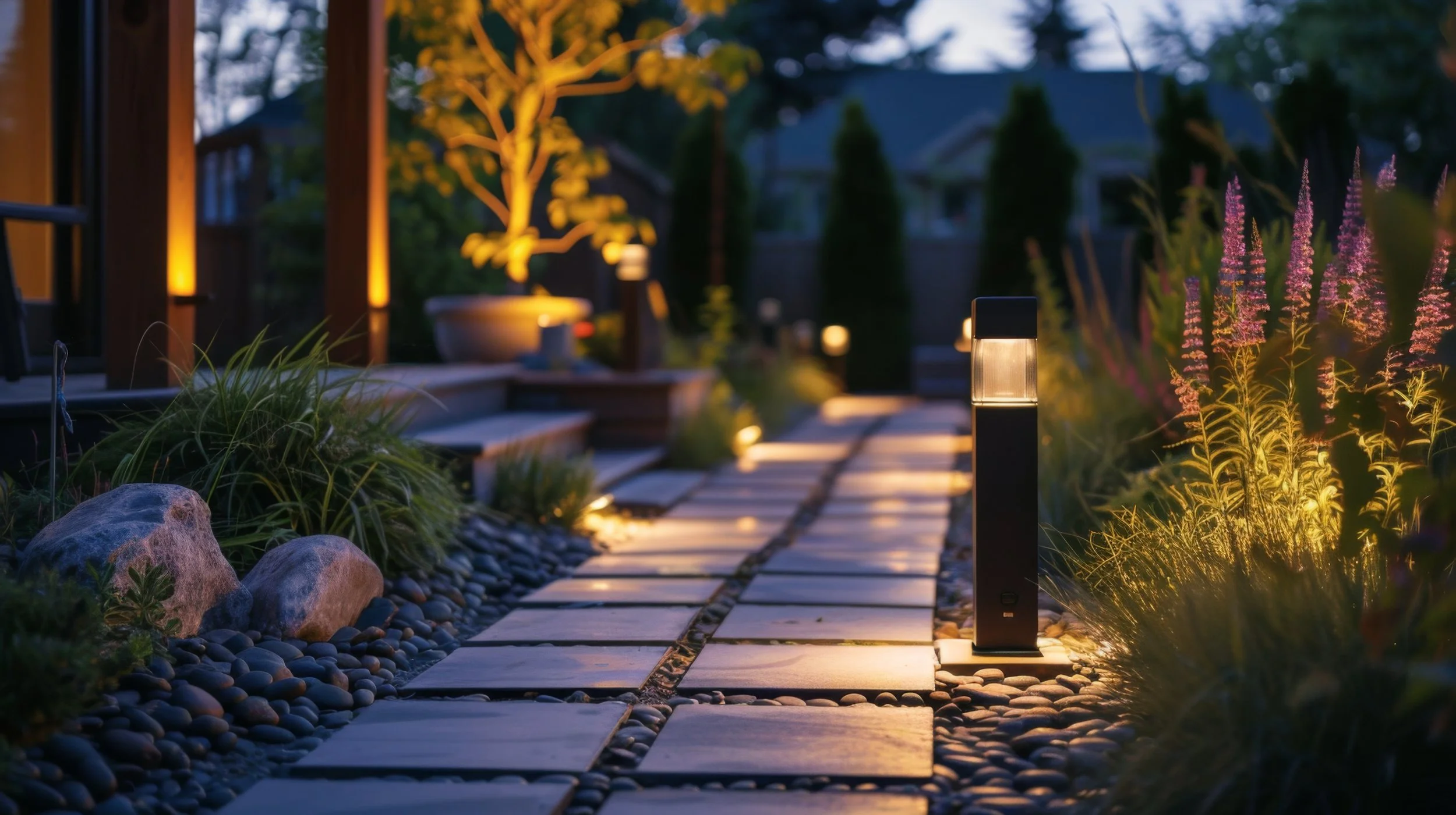 Amber Creek lit pathway, decorative landscape lighting Lafayette CO.