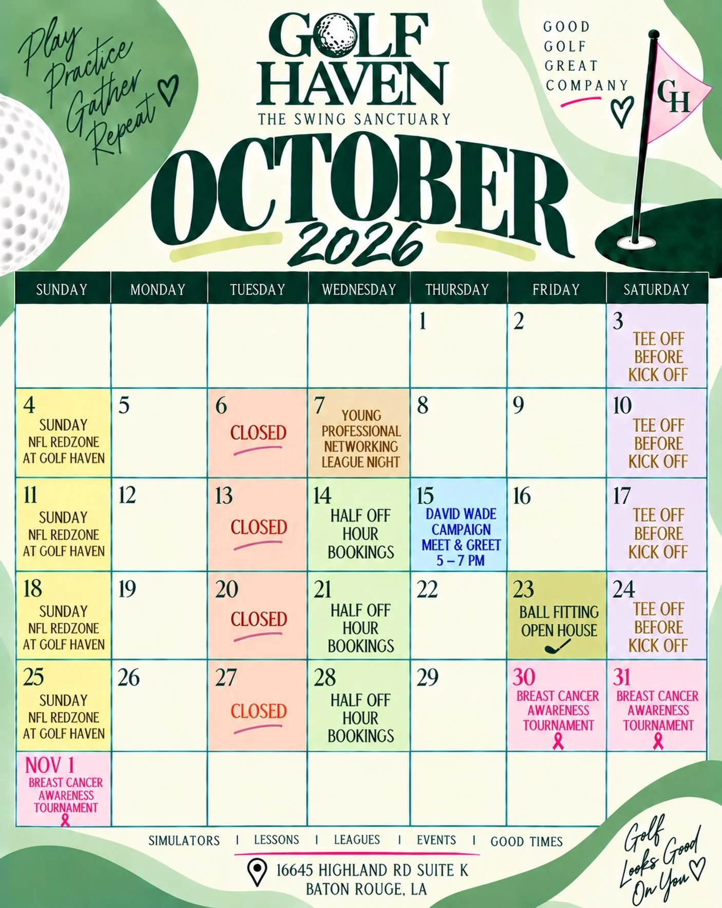 October at Golf Haven is STACKED. ⛳️🍂🏈

Save the calendar because there&rsquo;s something happening all month long!

🏈 Sundays: NFL RedZone at the Haven
💼 Oct. 7: Young Professional Networking League Night
⛳️ Wednesdays: HALF-OFF Hour Bookings
🏈