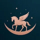 A stylized illustration of a winged horse, possibly Pegasus, standing on a crescent moon with stars around it.