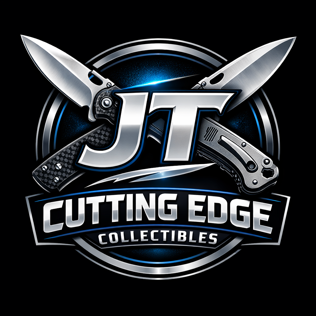 Logo with large silver letters "JT" crossed by a folding knife and a switchblade, with the text "Cutting Edge Collectibles" below.