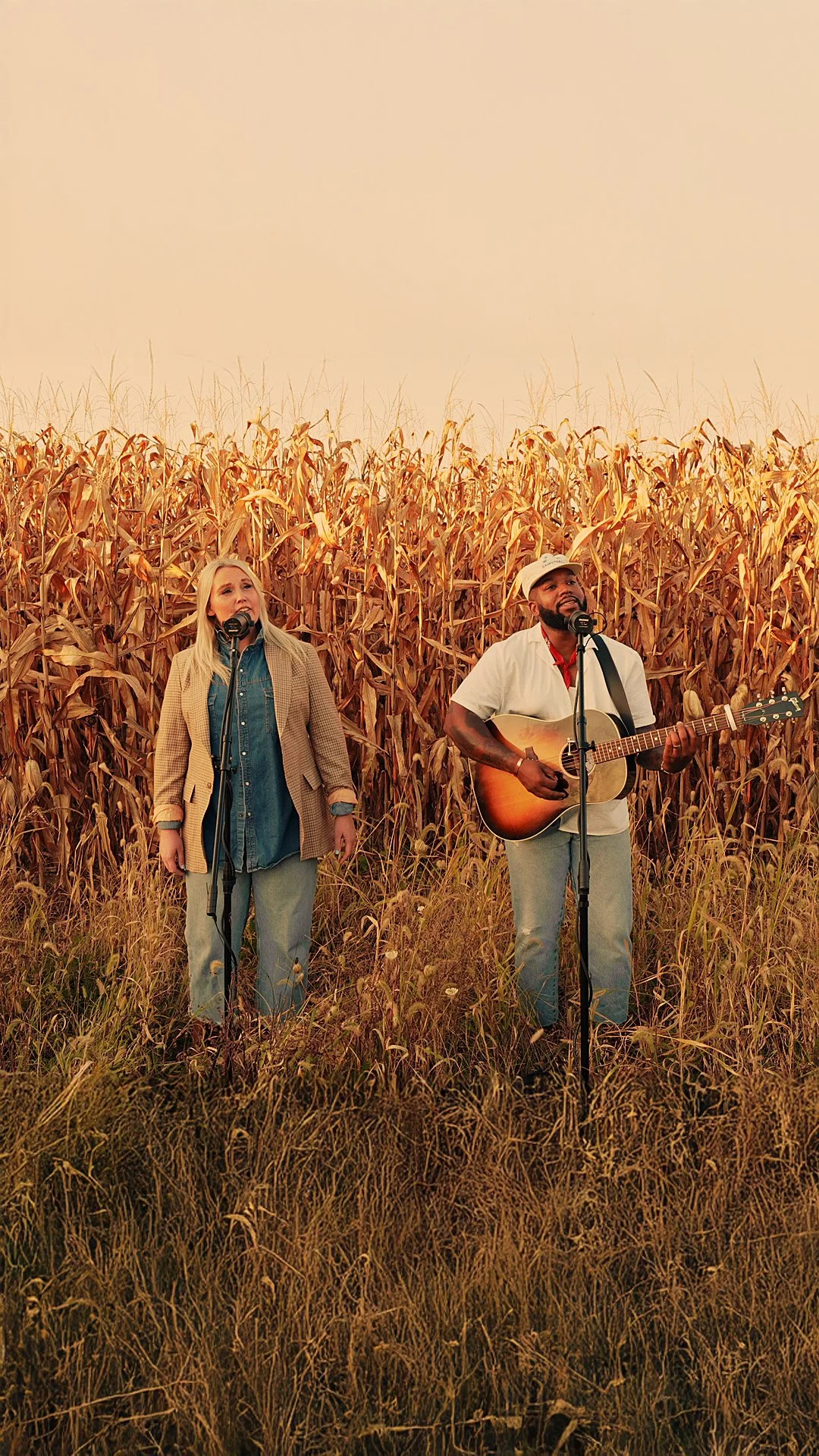 Two people singing and playing guitar in a cornfield during sunset.