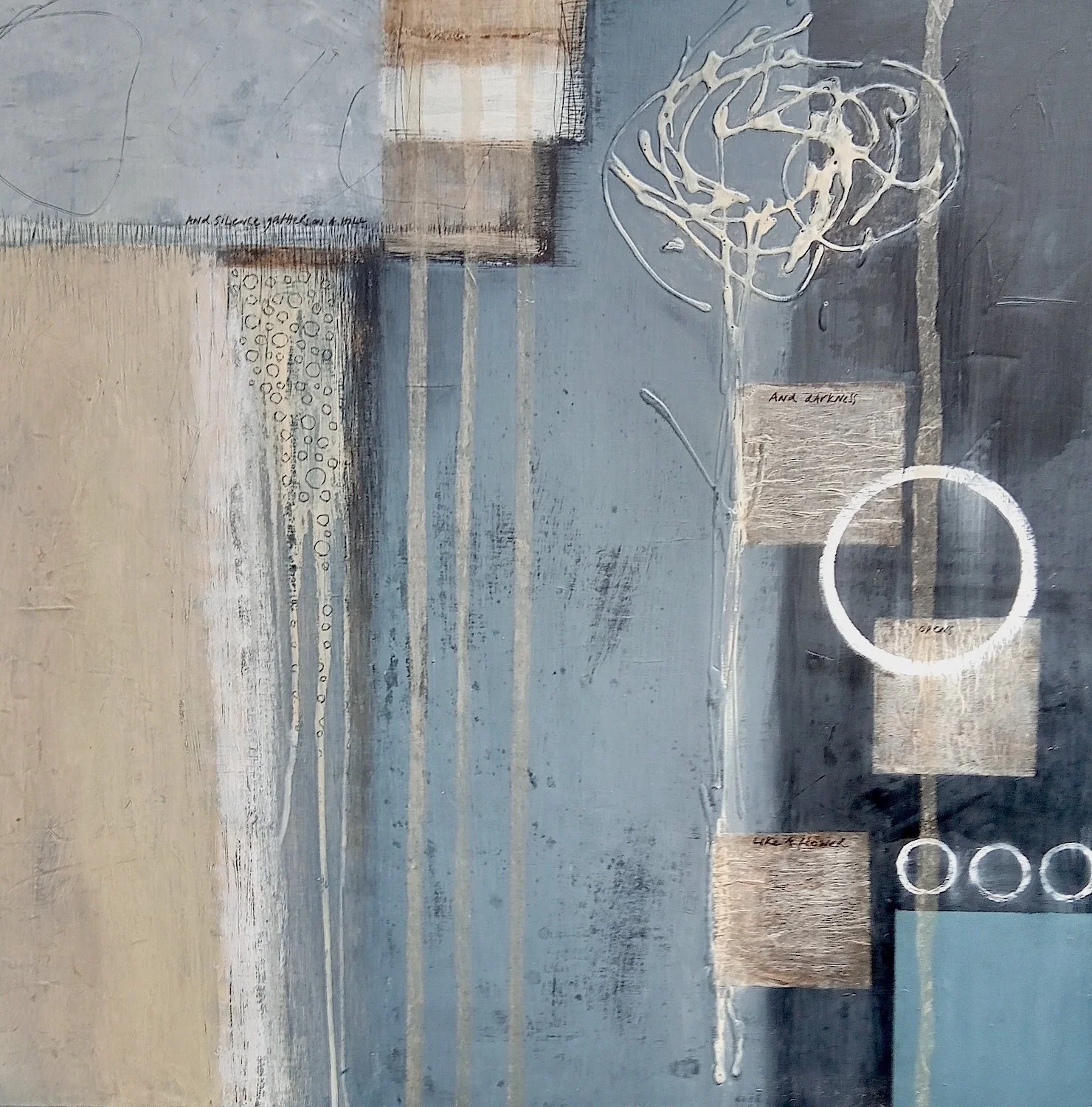 Abstract painting featuring muted blue, gray, and beige tones with textured brushstrokes, handwritten words, and geometric shapes including circles and squares.