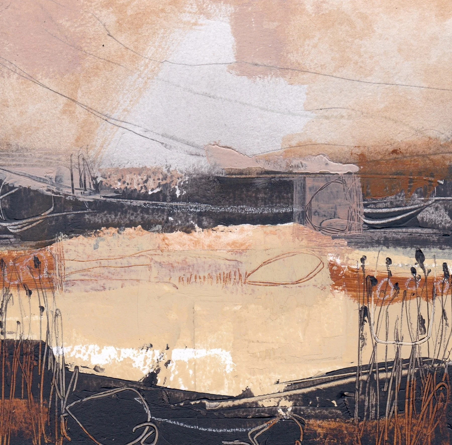 Abstract painting with earth tones, featuring layers of beige, brown, black, and white, with lines and shapes that suggest figures and landscapes.
