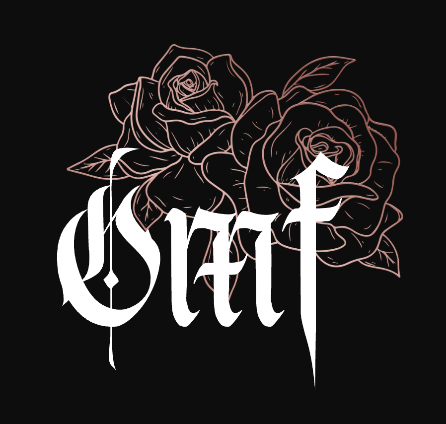 Text reading 'Stir' in gothic font, over a background of pink roses on a black background.