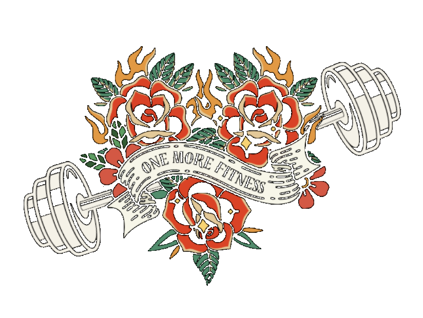 A tattoo-style illustration of a bouquet of red roses with green leaves, a banner reading 'One More Fitness,' and two dumbbells on either side.
