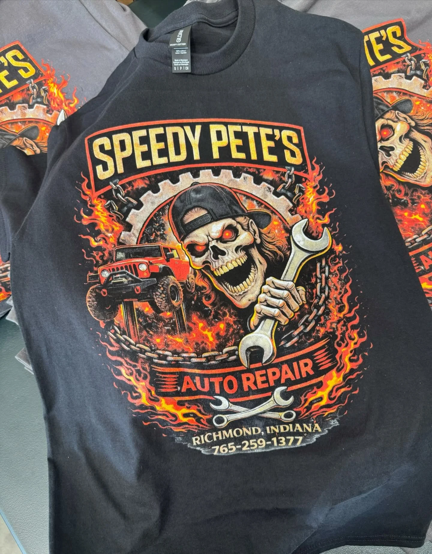5 color simulated process print for Speedy Pete&rsquo;s. Customer supplied artwork, our color separation. Black screen added to grey shirts to maintain uniformity. #screenprinting #badtothebone