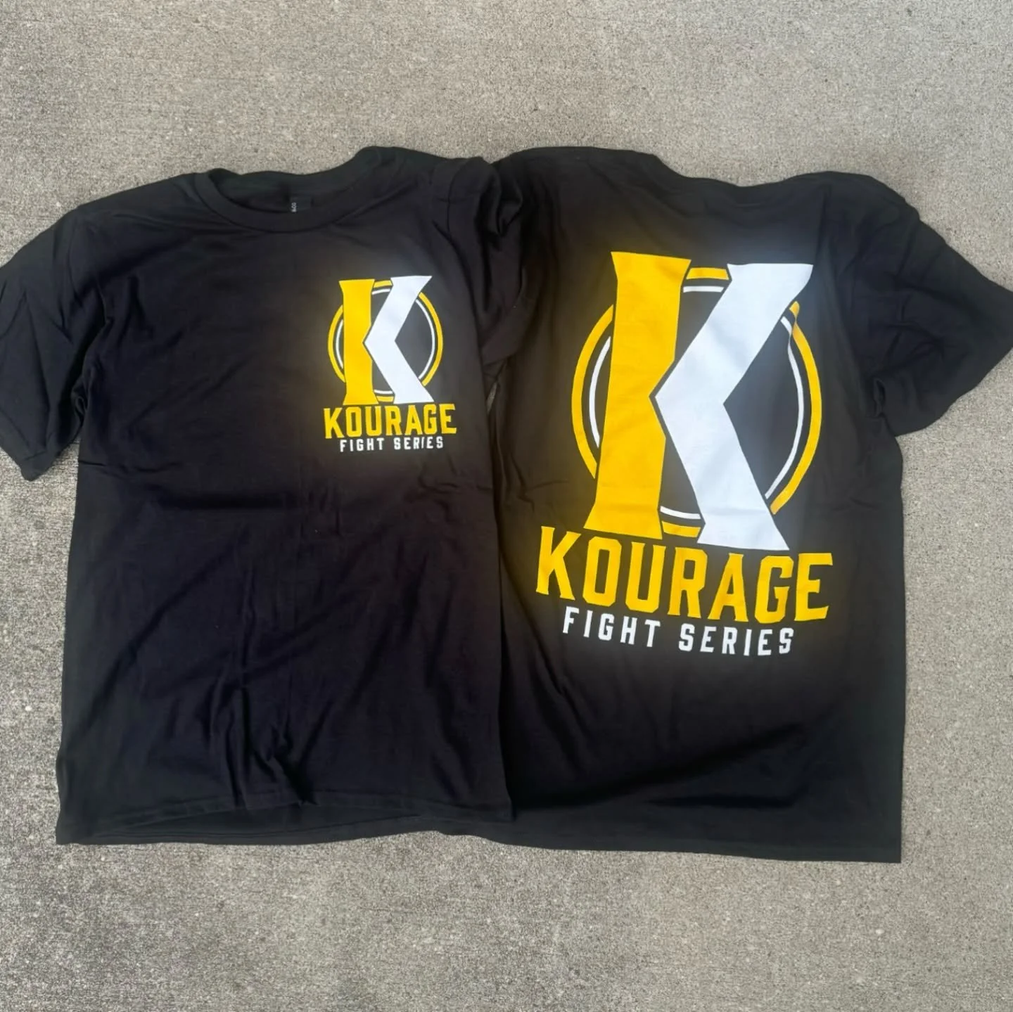 Screen print so bright it was hard to photograph outside! Nice soft stretchy tees for Kourage Fight Series - May 30th - Sunman Indiana. Someone&rsquo;s getting punched in the face! (not us, thankfully) #screenprint #mma #customapparel