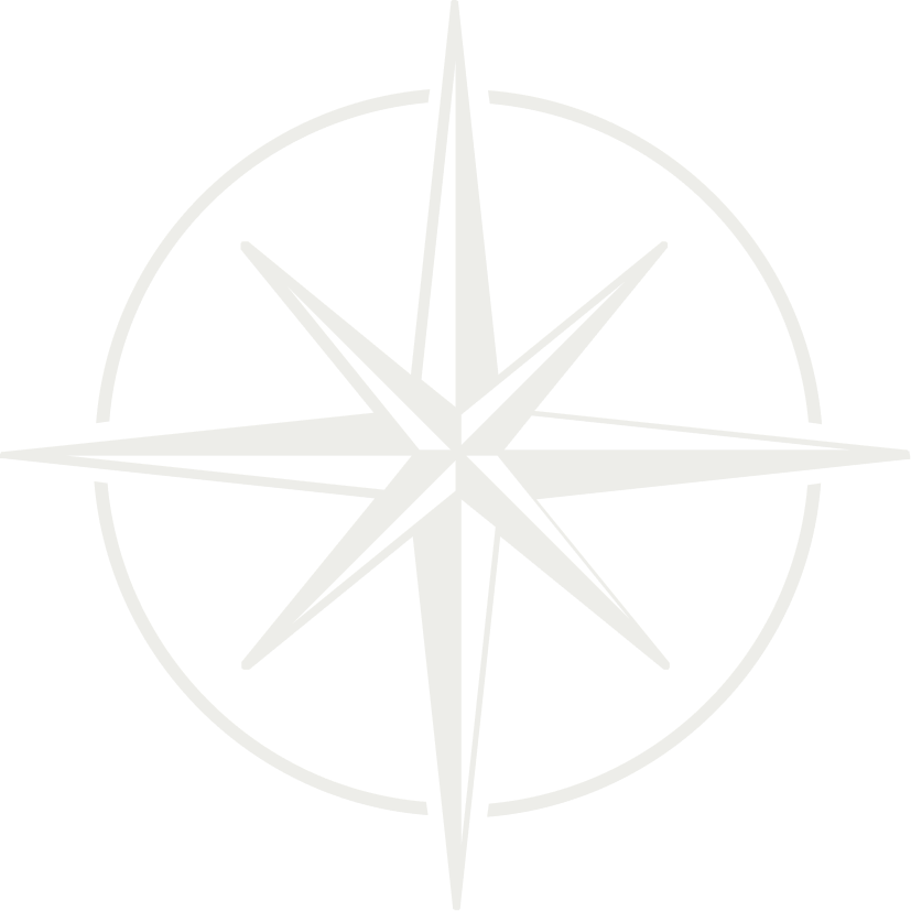 White compass rose symbol on a black background.