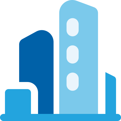 Stylized graphic of several tall buildings in different shades of blue.
