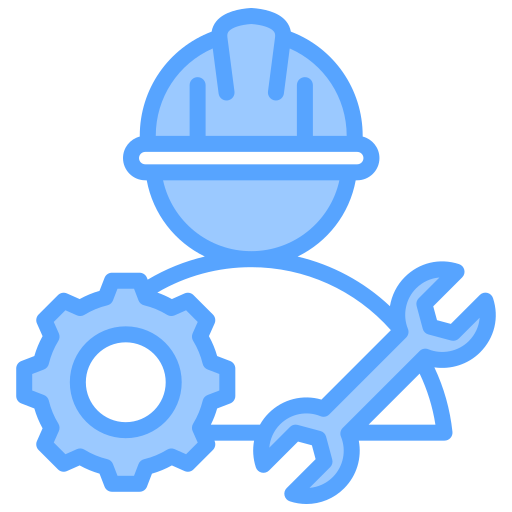 Icon of a construction worker helmet, gear, and wrench.