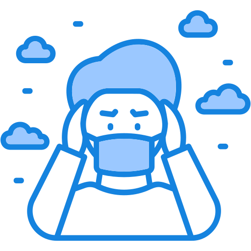 An illustration of a person wearing a face mask and a hood, holding their head, with clouds in the background.