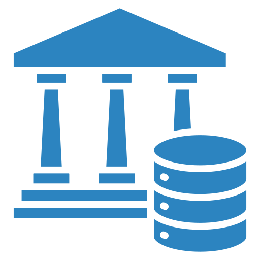 A government building with pillars and a stack of coins.