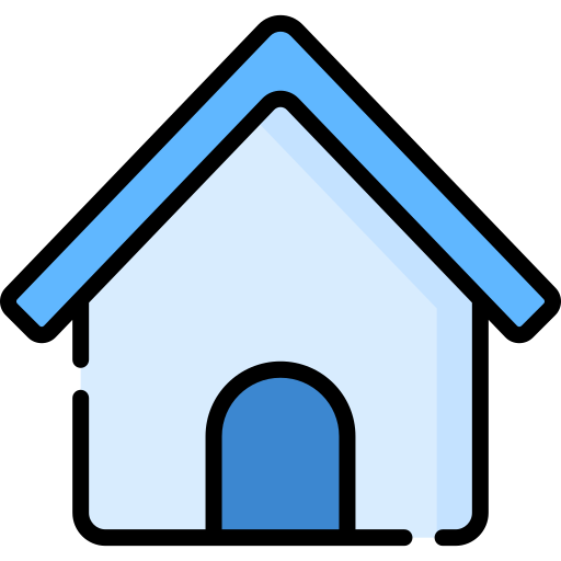 Icon of a light blue doghouse with a dark blue door and a black outline, against a black background.